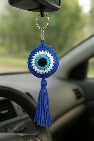 handmade evil eye blue crochet keychain